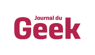 Logo du Journal du Geek en lettres rouge foncé sur fond noir.