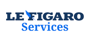 Logo bleu de Le Figaro Services avec une plume stylisée.