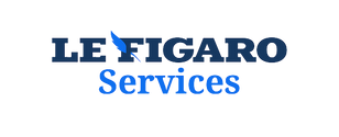 Logo bleu de Le Figaro Services avec une plume stylisée.