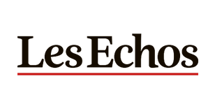 Logo du journal Les Echos, avec le texte marron foncé et une ligne rouge en dessous sur fond noir.