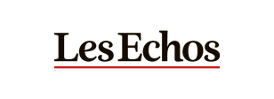 Logo du journal Les Echos, avec le texte marron foncé et une ligne rouge en dessous sur fond noir.