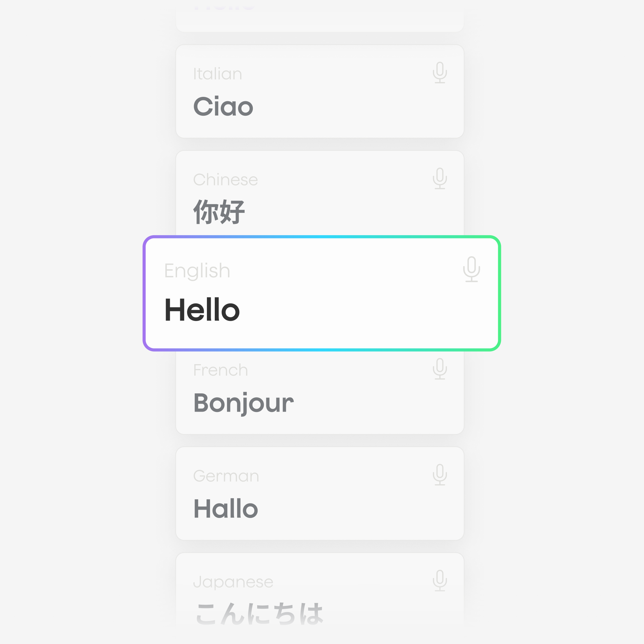 Interface utilisateur de l'application Plaud affichant des salutations multilingues comme "Hello" en anglais.