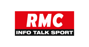 Logo RMC avec le texte « INFO TALK SPORT » en blanc sur des rectangles rouge et noir, sur fond noir.