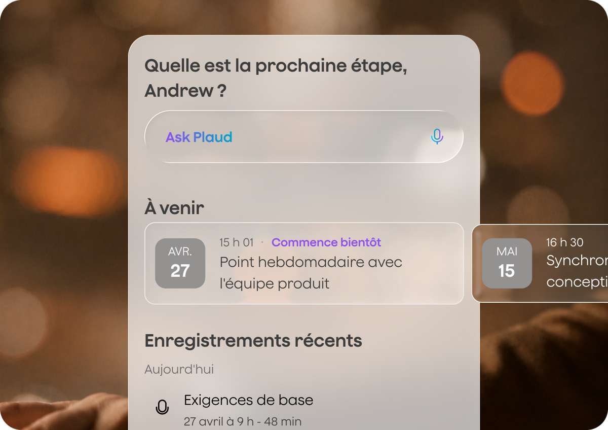 A workspace view combining upcoming meetings, calendar events, and recent recordings