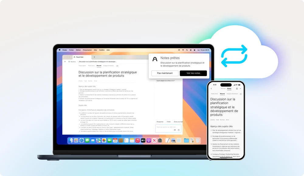 Plaud Web sur ordinateur et l’application Plaud sur smartphone affichent les mêmes notes synchronisées