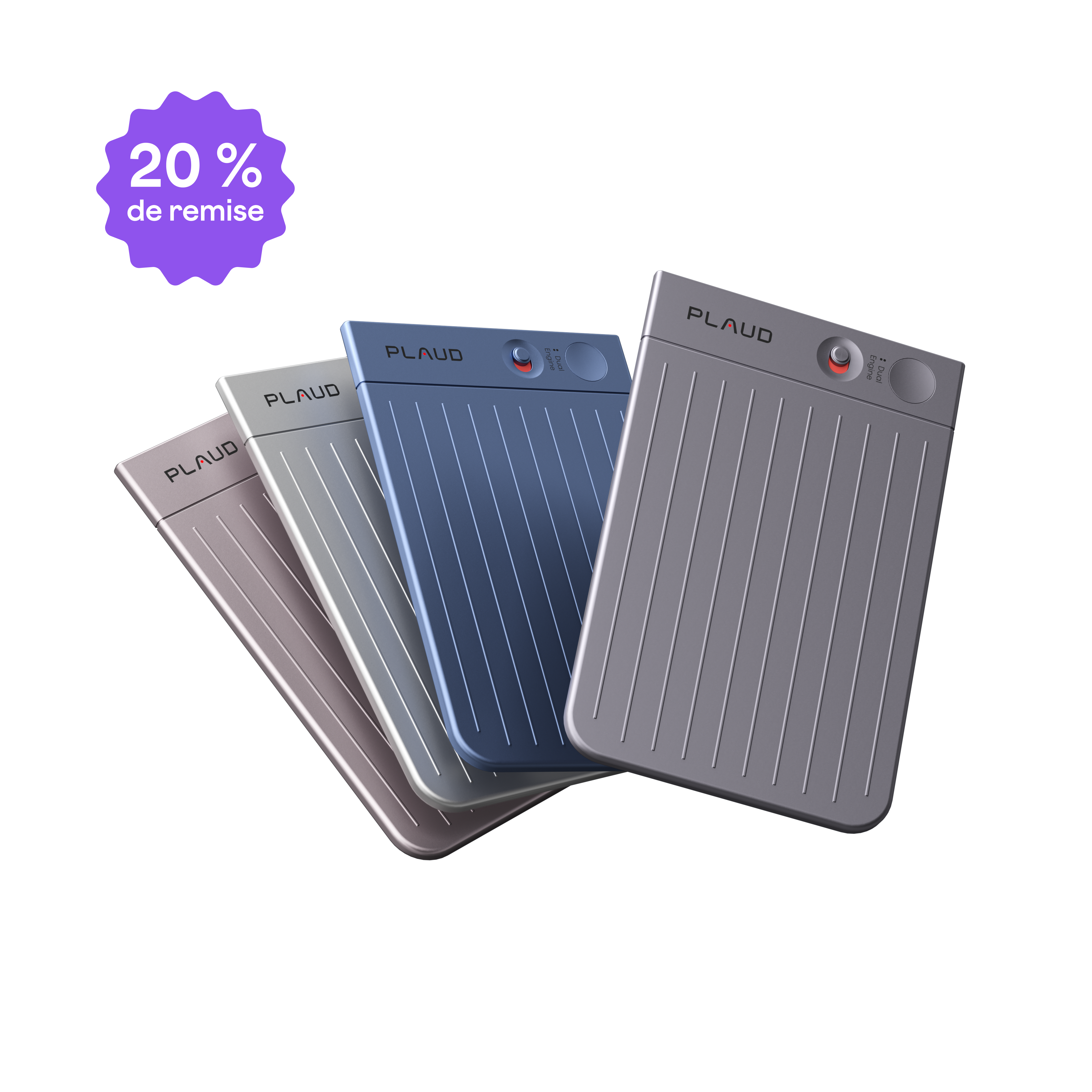Quatre Plaud Note de couleurs gris foncé, bleu, gris clair et taupe sont présentés en éventail avec une étiquette de 20 % de