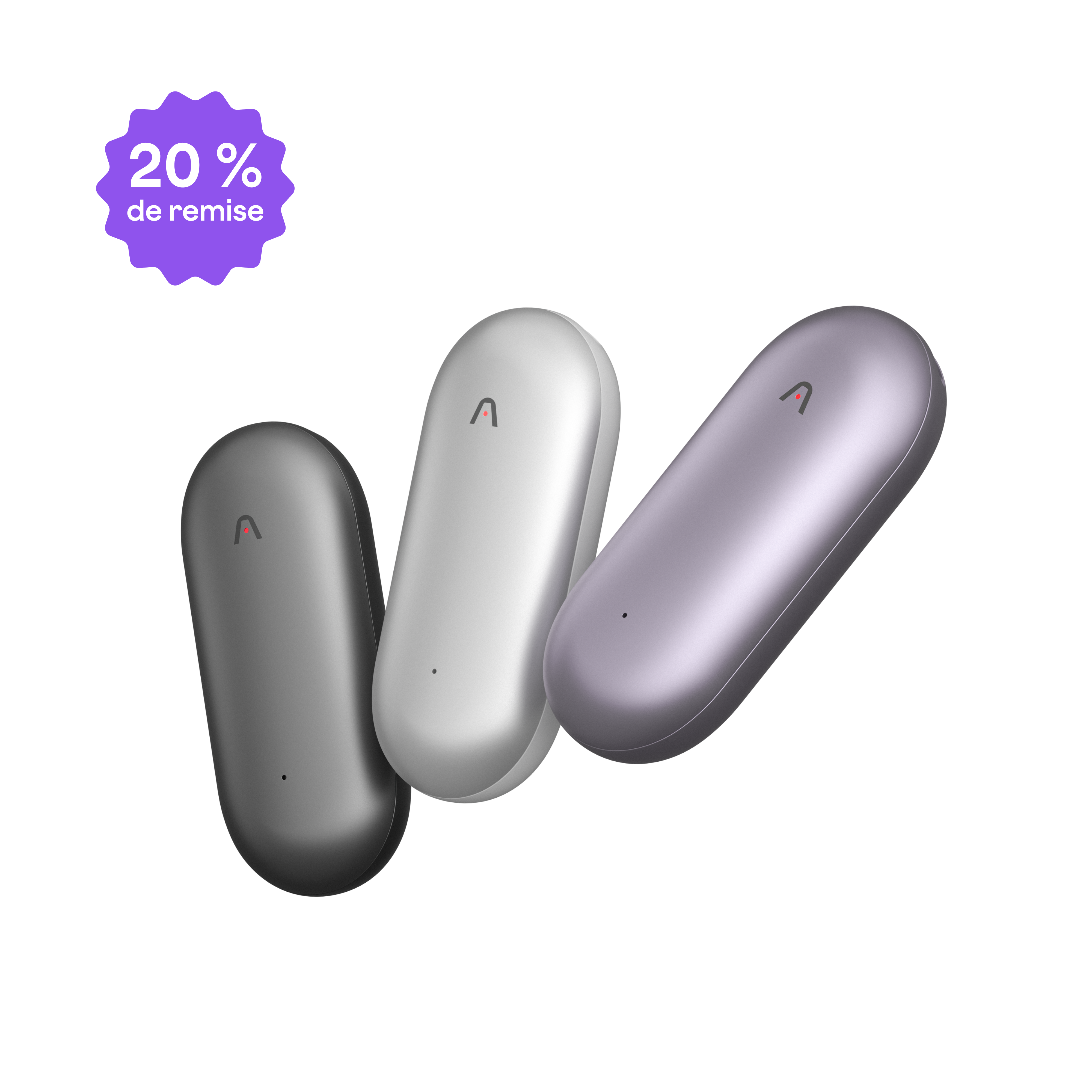 Trois Plaud NotePin sont présentés en gris foncé, argent et violet, avec une offre de 20 % de remise.
