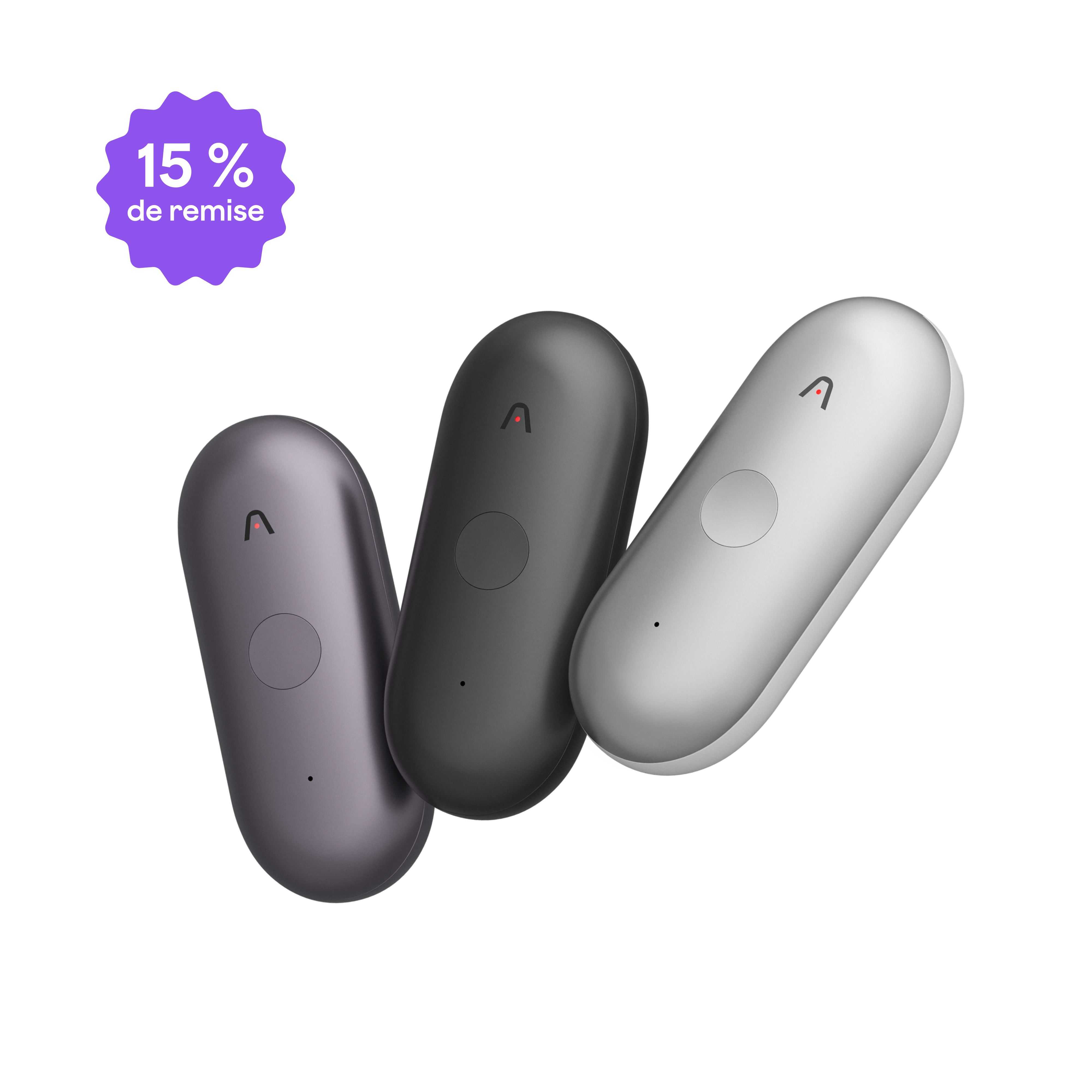 Trois enregistreurs vocaux Plaud NotePin S en gris foncé, noir et argent sont présentés avec une offre de 15 % de remise.