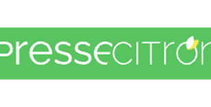 Logo Presse-Citron, texte blanc sur fond vert avec un petit citron jaune et vert au-dessus du 'o'.
