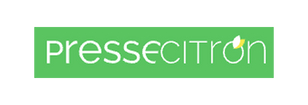 Logo Presse-Citron, texte blanc sur fond vert avec un petit citron jaune et vert au-dessus du 'o'.