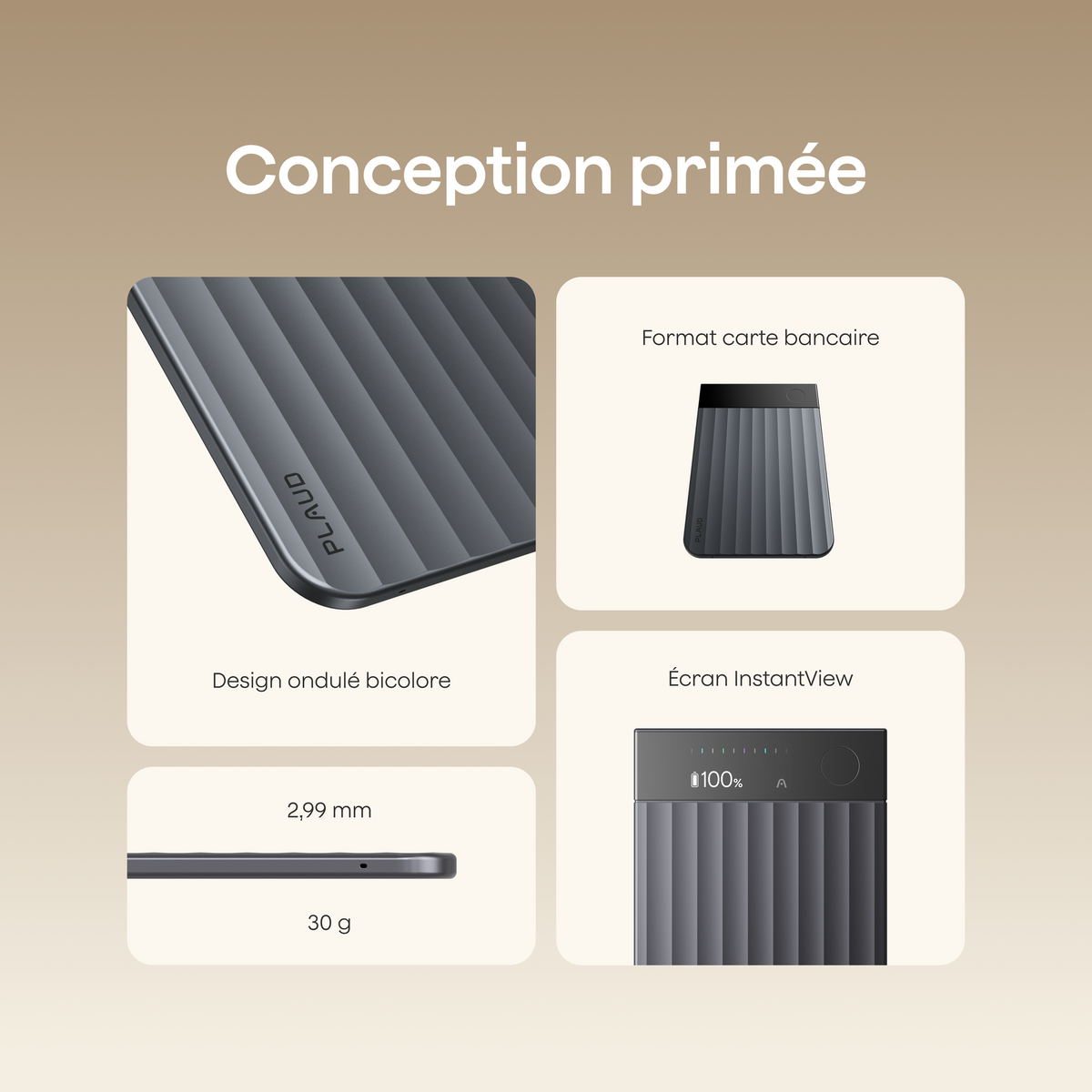 Le Plaud Note Pro présente une conception primée avec un design ondulé bicolore, un format carte bancaire de 2,99 mm et un écran InstantView.