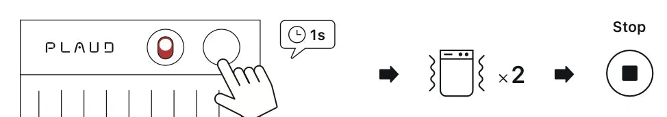 Diagramme montrant comment arrêter l'enregistrement sur un Plaud Note en appuyant 1 seconde, suivi de deux vibrations.