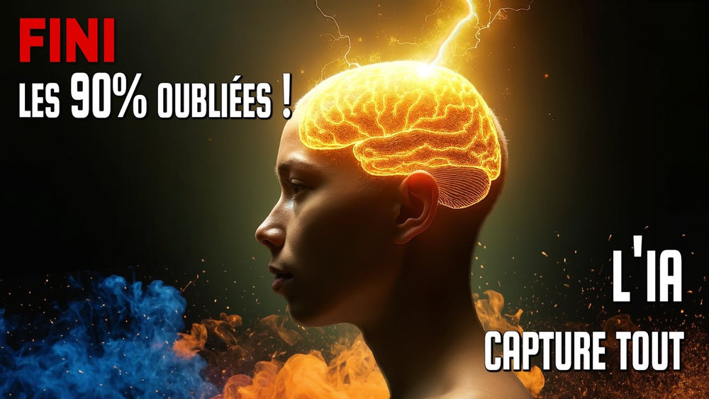 Tête humaine avec cerveau lumineux et éclairs, symbolisant l'IA qui capture tout, éliminant les 90% oubliés.