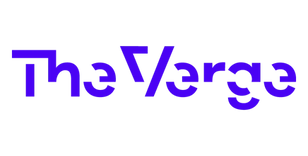 Logo violet de The Verge sur fond noir.