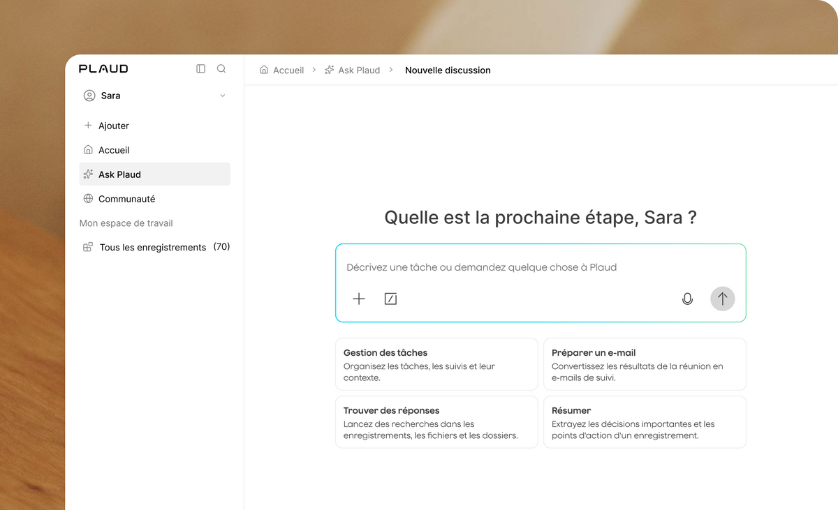 Plaud Web with the Ask Plaud chat open and suggested tasks below the prompt